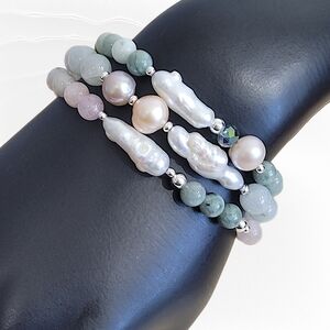 Hand Crafted Jade Morganite Bracelet With Biwa Freshwater Stick Pearls  7"